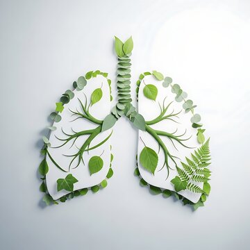 High quality, professional, modern green leaves form human lungs with trachea on white background background, concept, illustration, design