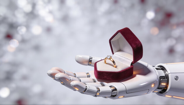 Humanoid robot hand presenting an open ring box with a gold engagement ring. AI partner marriage proposal concept. 