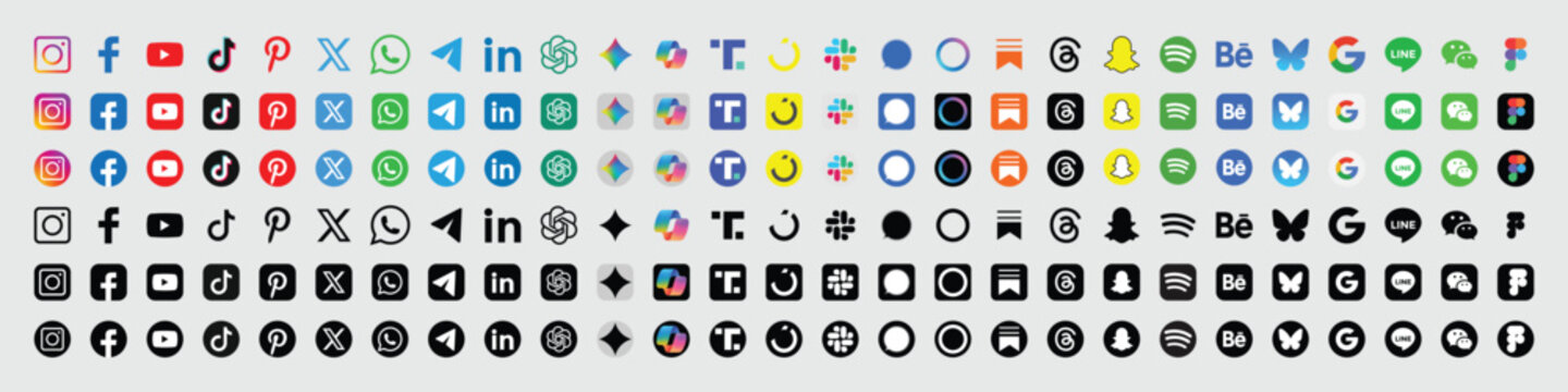 Most popular social media icons. whatsapp, linkedin, x, threads, youtube, pinterest, discord, snapchat, tiktok, facebook, instagram, slack, substack, AI app logo ChatGPT, Gemini, Meta AI, Copilot, on 
