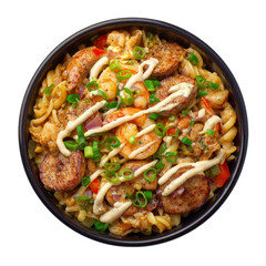 Fototapeta premium Delicious shrimp, sausage, and pasta dish served in a bowl, featuring a close-up shot of the mouthwatering meal Isolated Transparent Background, PNG