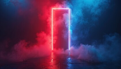 Fototapeta premium Doorway glowing with red and blue neon light. Smoke swirls around entrance. Dark mysterious hall with reflections on wet floor. Futuristic atmosphere.