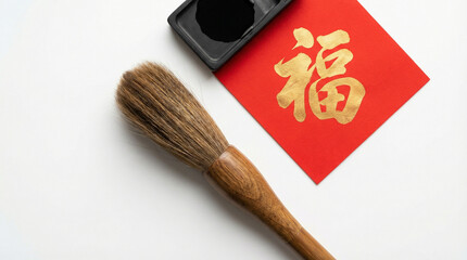 Traditional Chinese Calligraphy Brush and Inkstone with F&uacute; Character on Red Paper