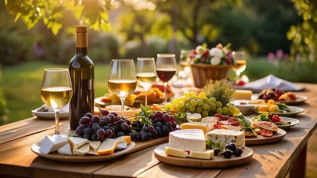 Outdoor gourmet picnic table with wine, cheese, fruits, and appetizers in sunny garden, creating a luxury lifestyle dining and summer celebration atmosphere.