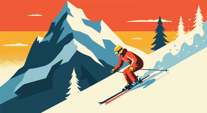 Retro Skier Descending Mountain Winter Poster Illustration