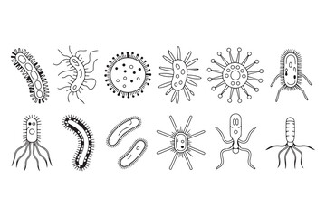 Minimalist vector line icons of viruses and bacteria for pharmaceutical branding and medical technology