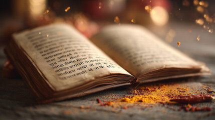 Open book with Hindi text and spices on wooden table