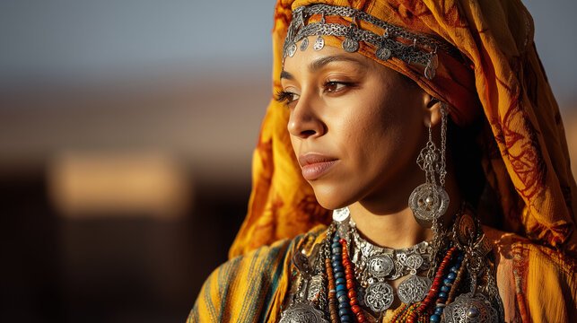 Amazigh woman wearing traditional jewelry and looking thoughtfully outdoors  
