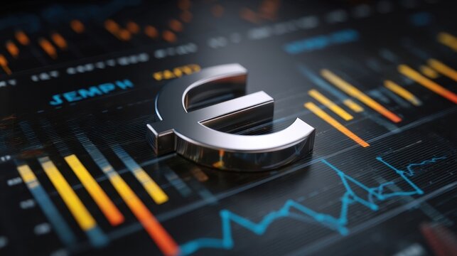 Euro currency symbol foreground financial chart backdrop colored bars line graphs market performance trends time.