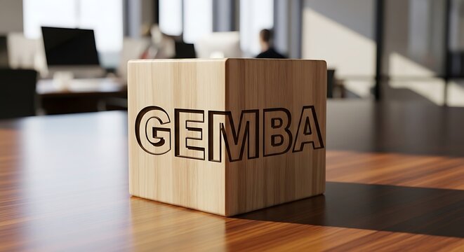 Gemba Wooden Cube on Office Table.