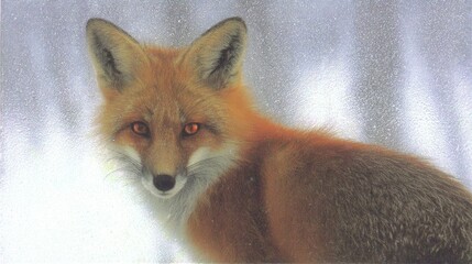 Fototapeta premium Red fox displays its vibrant orange fur and sharp features while looking directly at the viewer, set against a softly blurred snowy backdrop