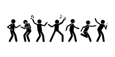 Obraz premium dancing man illustration, people having fun, stick figure pictograms set people isolated silhouettes sketch .vector icon