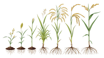 a side-by-side growth comparison of sorghum (or closely related cereal) plants at different stages of development.