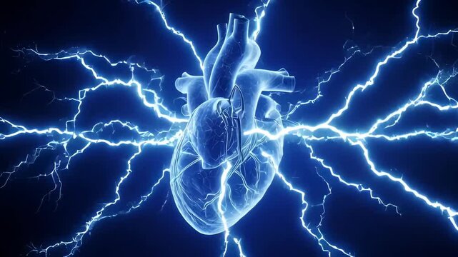 Anatomical blue neon human heart with electric lightning strikes on black background, cardiology and medical technology concept animation, high tech pulse visualization