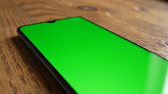 Mobile phone on wooden desk with green screen for mockup insertion