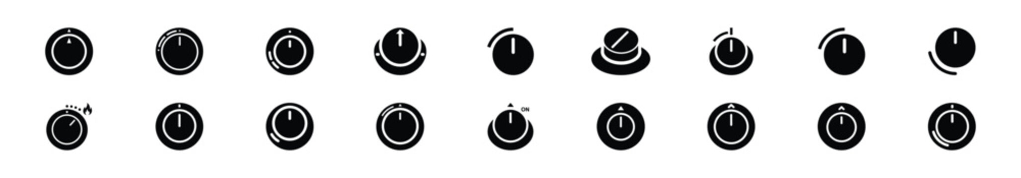 Collection of black   cooktop control knob silhouette isolated on white background. cooking vector illustration icons.