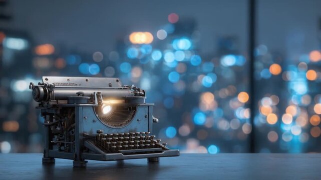 A close-up shot of a vintage typewriter on a dark table, with city lights in the blurred background
