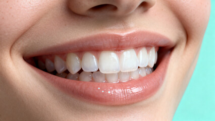 Obraz premium ローアングルで強調した笑顔の口元接写、ミント背景の清潔写真