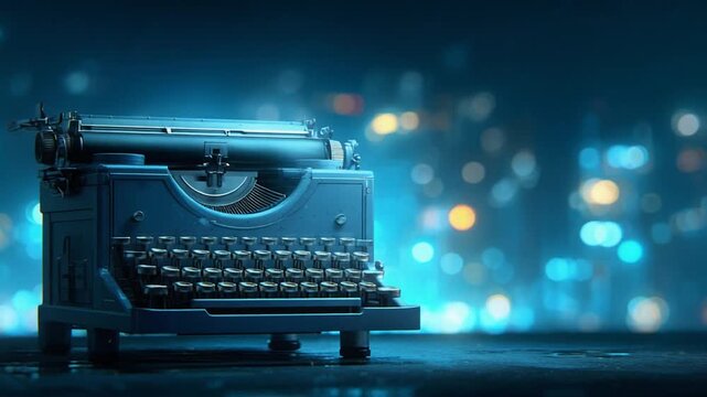 A vintage, dark-blue typewriter sits on a dark surface with bokeh lights in the background