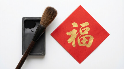 Traditional Chinese Calligraphy Brush and Inkstone with F&uacute; Character on Red Diamond Paper