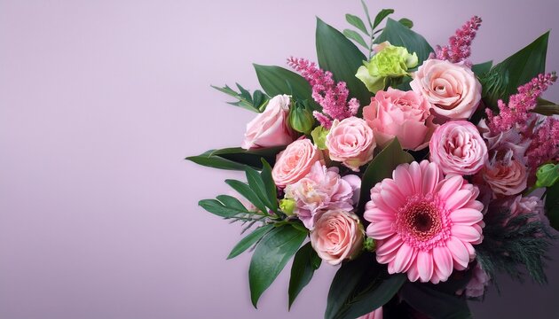 bouquet of various pink flowers decorated with green leaves