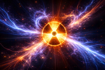 Obraz premium Abstract glowing radiation symbol explosion in cosmic energy background representing power and danger.