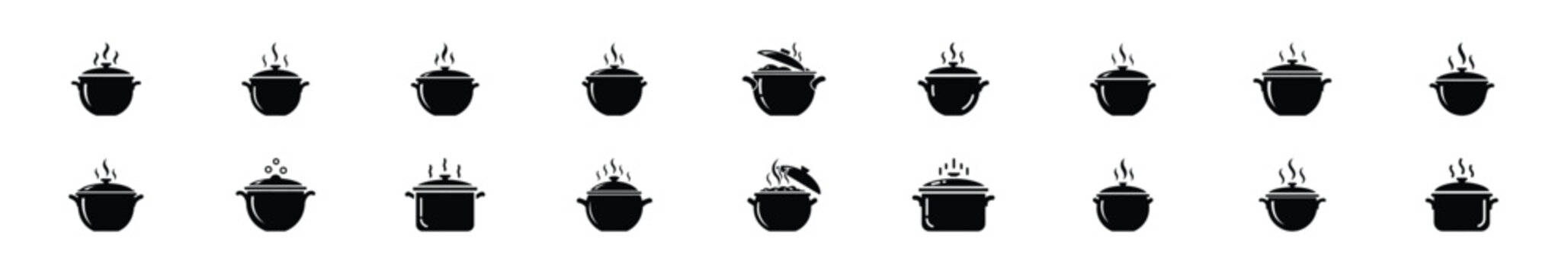 Collection of black   food boiling pot silhouette isolated on white background. cooking vector illustration icons.