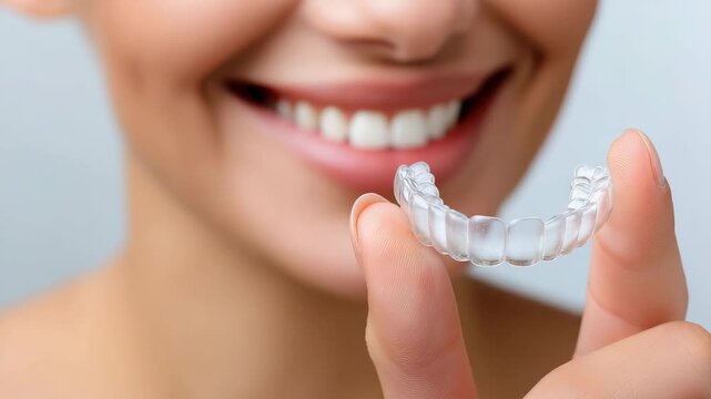 Smiling woman displays dental aligner progression