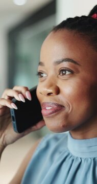 Happy, black woman or talking with phone call for proposal, business discussion or ideas in office. Female person, consultant or friendly agent with smile on mobile smartphone for negotiation or deal