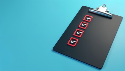 Clipboard with four red check boxes, each with a white checkmark. Modern graphic design on a clean blue background. Represents task completion and successful project management.