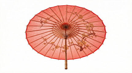 Top View of Traditional Chinese Red Paper Umbrella with Gold Plum Blossoms on White Background
