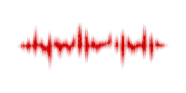 A vibrant red digital heart beat wave illustration featuring a blue audio equalizer waveform and frequency pulse graph design on a clean white technology backdrop