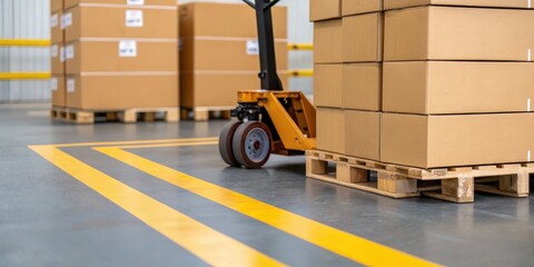 supply warehousing cos. Warehouse pallet jack moving stacked cardboard boxes on wooden pallets in an industrial storage facility.