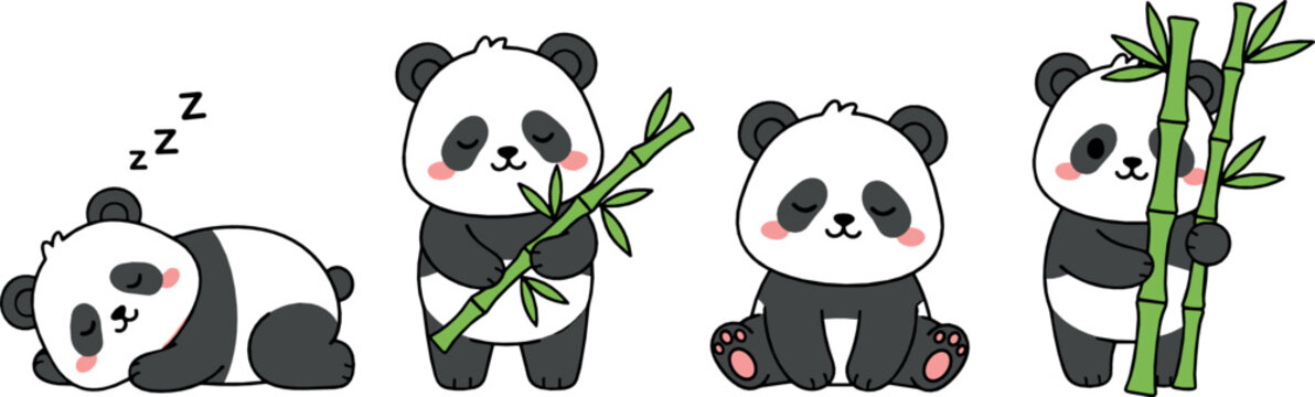 Cute panda characters set with sleeping sitting and eating bamboo playful cartoon vector illustration for kids nursery animal designs
