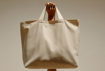 female hand holding a beige blank tote bag mock-up