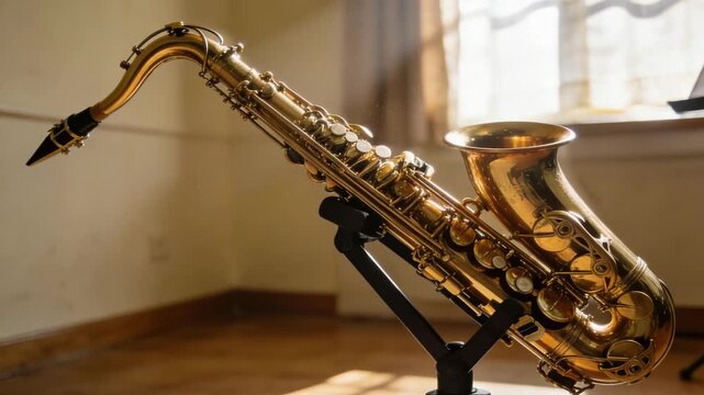 alto saxophone resting on stand inside quiet practice room orbit video