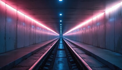 Fototapeta premium Empty subway tunnel with parallel train tracks extending into distance. Vivid pink and blue neon lights illuminate concrete walls and ceiling, creating a modern, futuristic atmosphere.