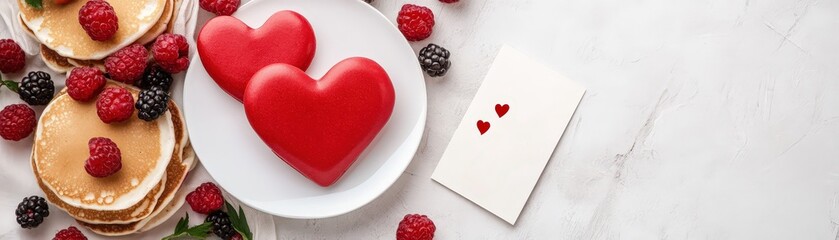 Pancakes with berries and red hearts on a white plate, surrounded by berries on a marble surface viewed from above