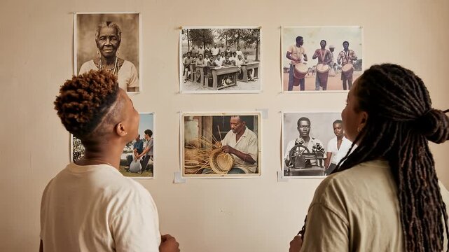 Young black lesbian couple arranging historical photos of their ancestors on a wall