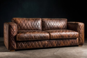 Fototapeta premium Leather sofa in a studio setting with dark background and soft lighting highlighting its texture and design during evening hours