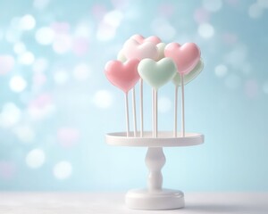 Heart-shaped lollipops on a white cake stand, pastel colors, soft focus, romantic atmosphere, sweet treats on display