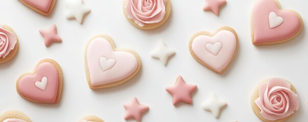 Heart-shaped cookies and star-shaped candies arranged on a white surface, viewed from above, creating a festive scene.