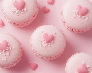 Delicate pink macarons adorned with heart-shaped decorations and sprinkles on a pastel pink background