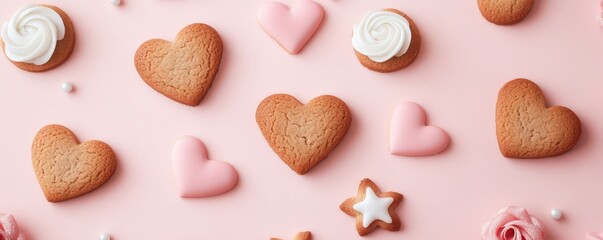 Heart-shaped cookies and decorative sweets arranged on a pastel pink background with a top-down viewpoint and soft lighting