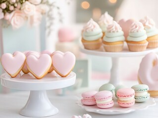 Delicate pastel heart-shaped cookies and cupcakes displayed on white cake stands, surrounded by macarons in a soft, festive setting.