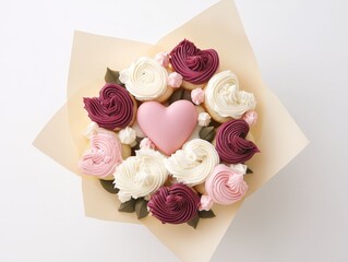 A bouquet of roses in shades of pink and white with a heart decoration viewed from above on a plain surface