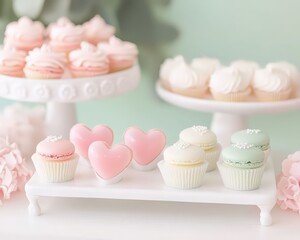 A beautifully decorated assortment of pastel-colored cupcakes and heart-shaped macarons displayed on white cake stands in a soft, serene environment from a front viewpoint.