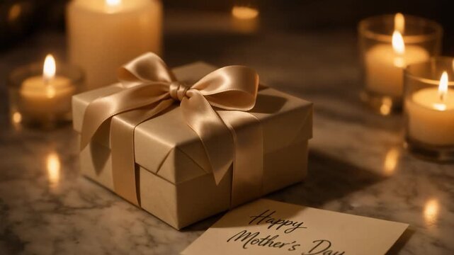 Elegant gift box with ribbon and candles for Mother&rsquo;s Day celebration, creating a warm, loving holiday atmosphere with soft golden lighting.