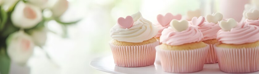 Delicious cupcakes with pink and white frosting, heart decorations on a celebratory table, soft focus on flowers in the background.
