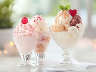 Three glasses of ice cream with toppings on a white table in a bright room