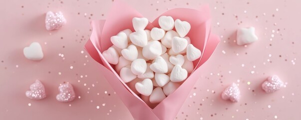 Heart-shaped box filled with small white candies on a pink background with scattered heart-shaped decorations and confetti seen from above.